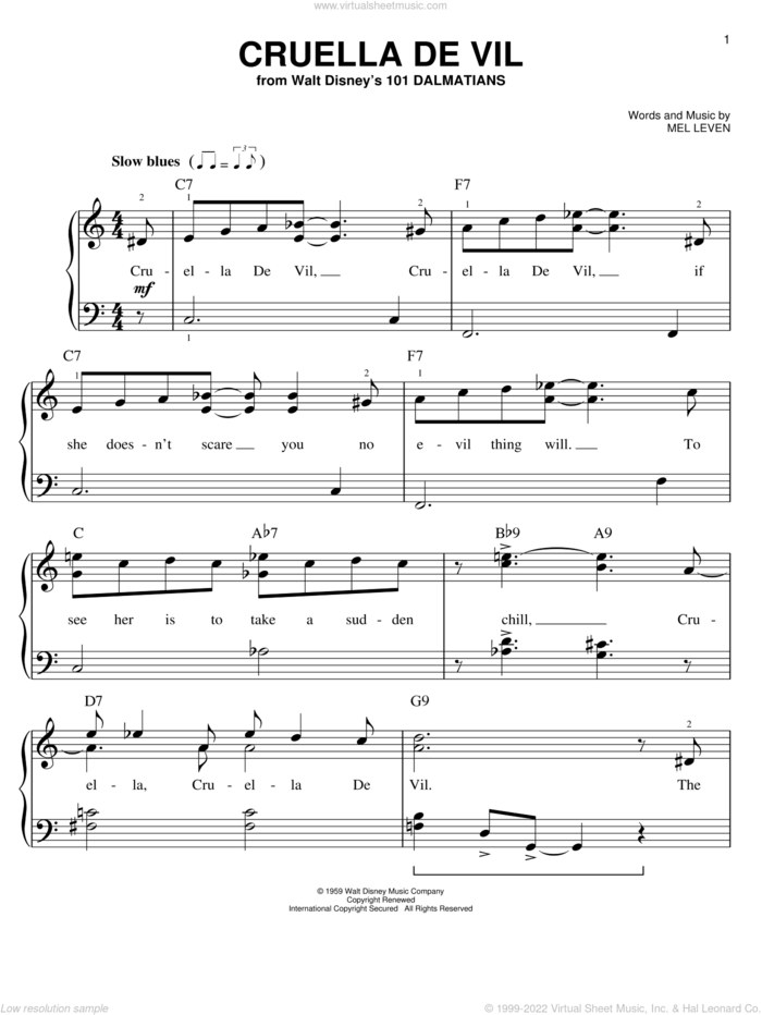 Cruella De Vil sheet music for piano solo by Mel Leven, easy skill level