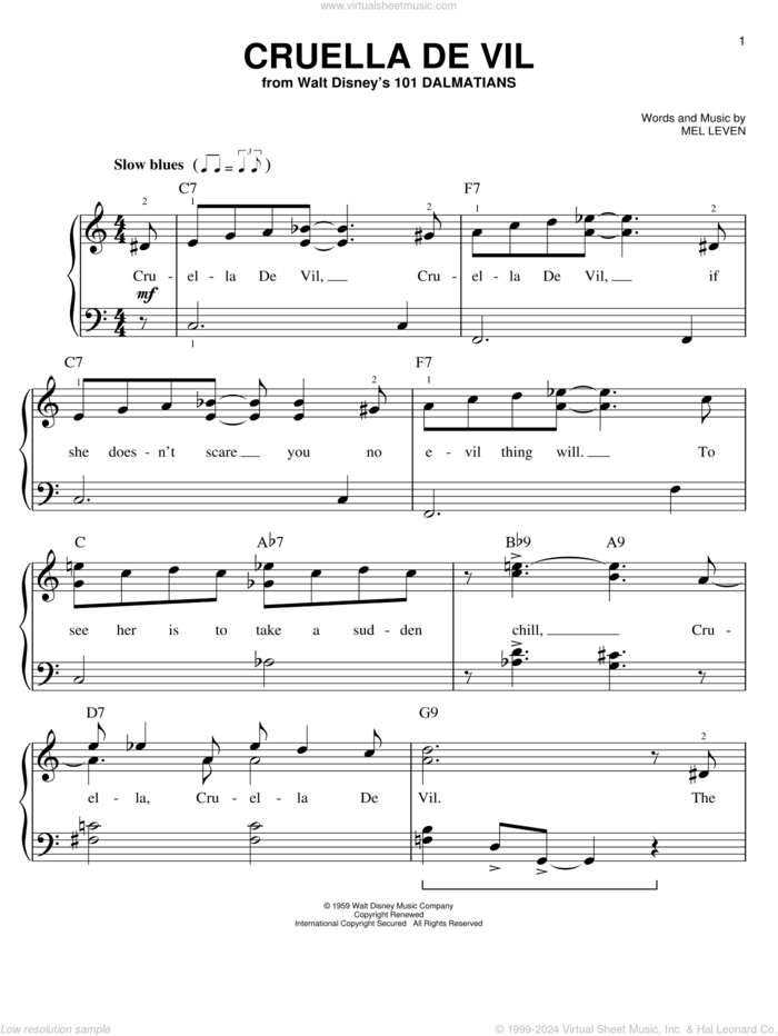 Cruella De Vil (from 101 Dalmations) sheet music for piano solo by Mel Leven, easy skill level