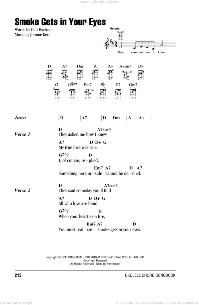 Smoke Gets In Your Eyes sheet music for ukulele (chords) by The Platters, Jerome Kern and Otto Harbach, intermediate skill level