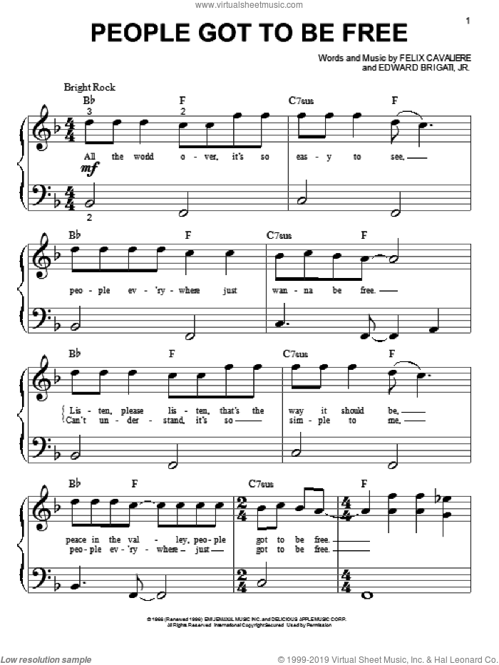 People Got To Be Free sheet music for piano solo (big note book) by The Rascals, easy piano (big note book)