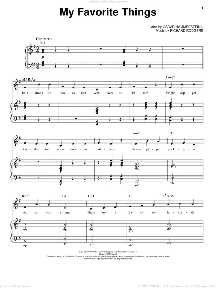 My Favorite Things sheet music for voice and piano by Rodgers & Hammerstein, Oscar II Hammerstein and Richard Rodgers, intermediate skill level