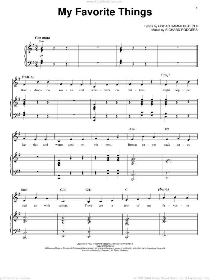 My Favorite Things sheet music for voice and piano by Rodgers & Hammerstein, Oscar II Hammerstein and Richard Rodgers, intermediate skill level