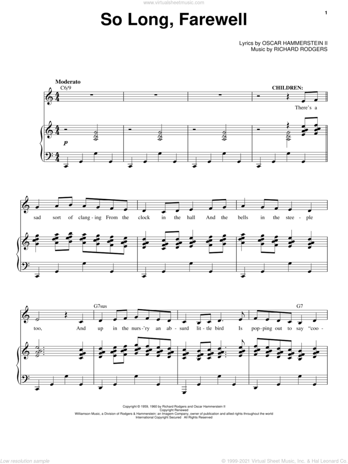 So Long, Farewell sheet music for voice and piano by Rodgers & Hammerstein, Oscar II Hammerstein and Richard Rodgers, intermediate skill level