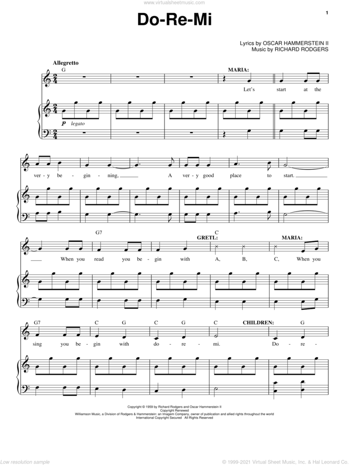 Do-Re-Mi sheet music for voice and piano by Rodgers & Hammerstein, Oscar II Hammerstein and Richard Rodgers, intermediate skill level