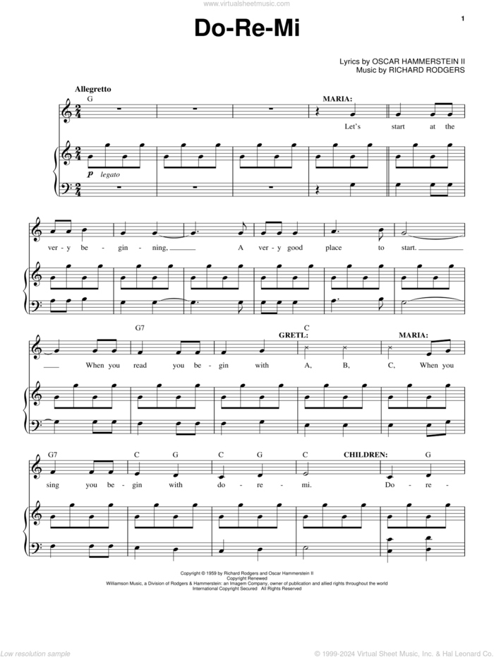 Do-Re-Mi sheet music for voice and piano by Rodgers & Hammerstein, Oscar II Hammerstein and Richard Rodgers, intermediate skill level