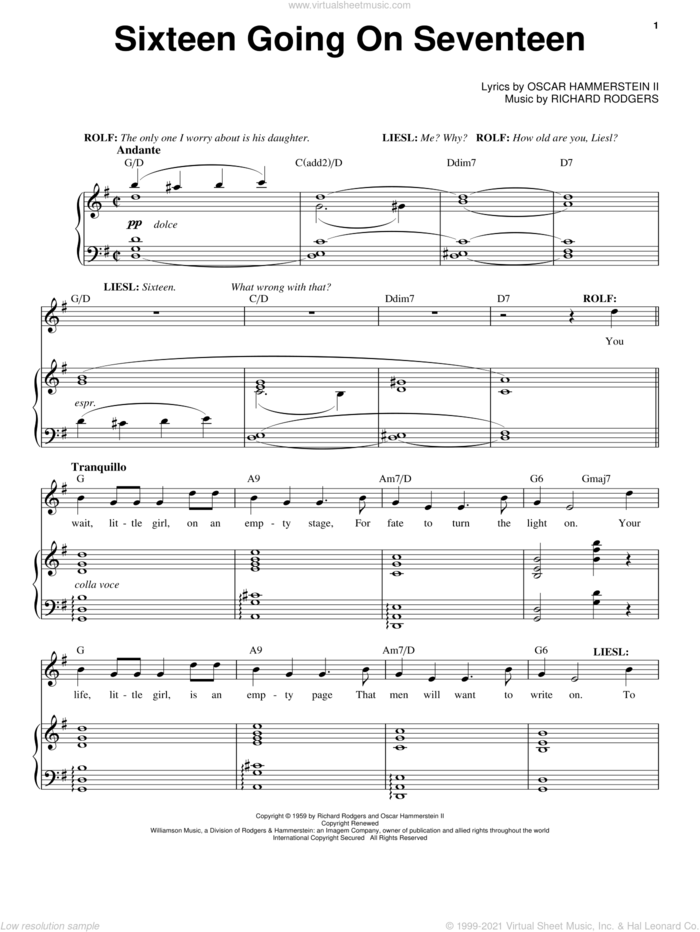 Sixteen Going On Seventeen sheet music for voice and piano by Rodgers & Hammerstein, Oscar II Hammerstein and Richard Rodgers, intermediate skill level