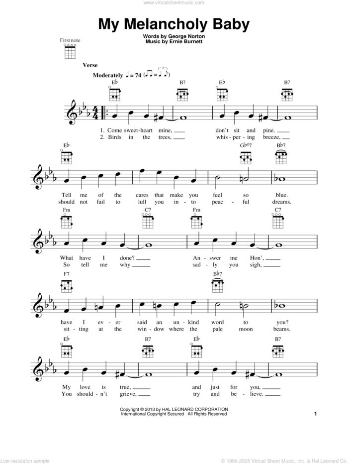 My Melancholy Baby sheet music for ukulele by Ernie Burnett and George A. Norton, intermediate skill level