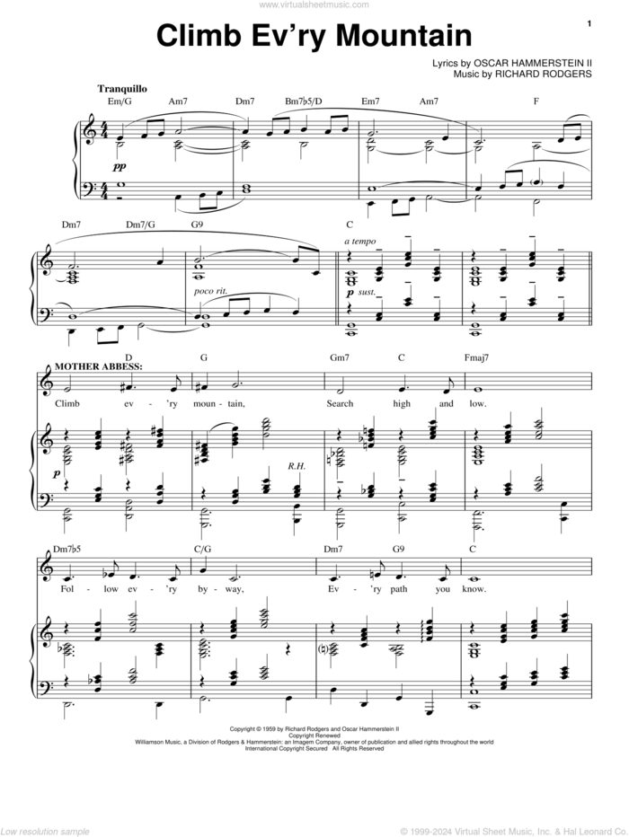 Climb Ev'ry Mountain sheet music for voice and piano by Rodgers & Hammerstein, Oscar II Hammerstein and Richard Rodgers, intermediate skill level