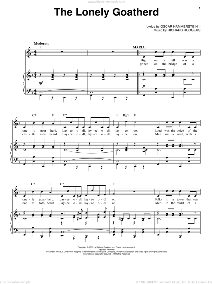 The Lonely Goatherd sheet music for voice and piano by Rodgers & Hammerstein, Oscar II Hammerstein and Richard Rodgers, intermediate skill level