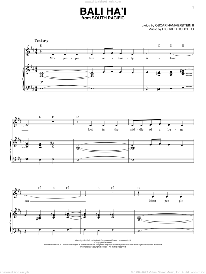 Bali Ha'i sheet music for voice and piano by Rodgers & Hammerstein, Oscar II Hammerstein and Richard Rodgers, intermediate skill level