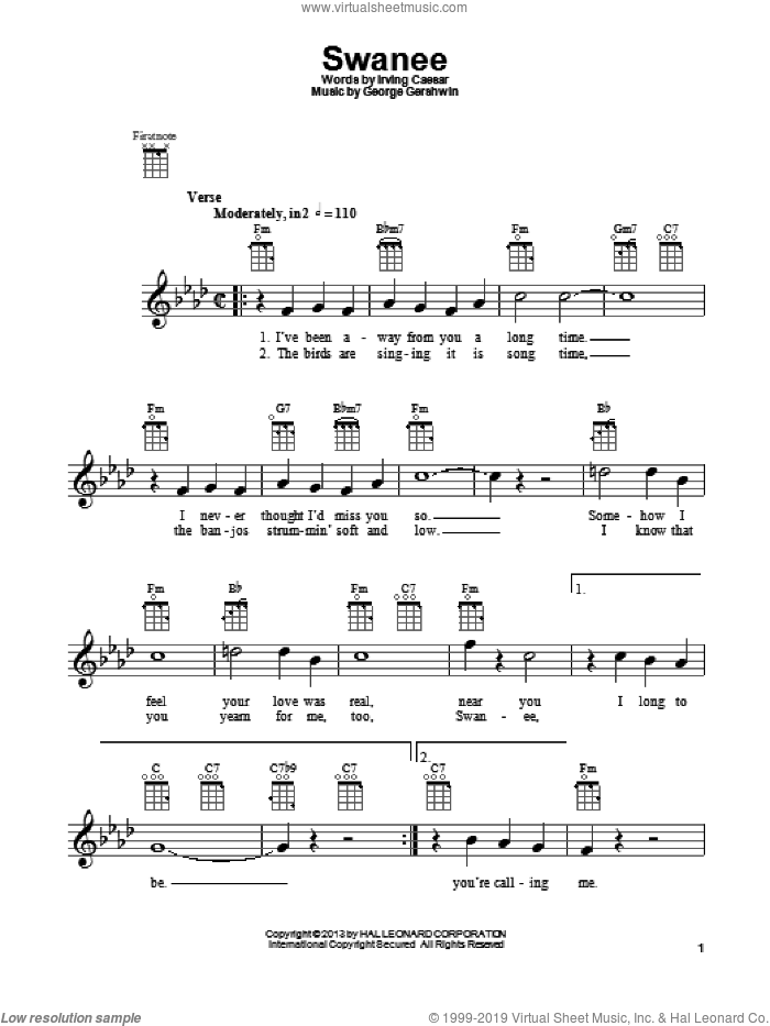 Swanee sheet music for ukulele by Irving Caesar and George Gershwin, intermediate skill level
