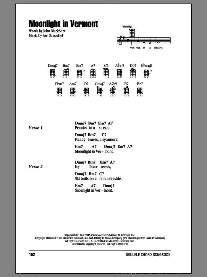 Moonlight In Vermont sheet music for ukulele (chords) by Karl Suessdorf, Frank Sinatra and John Blackburn, intermediate skill level