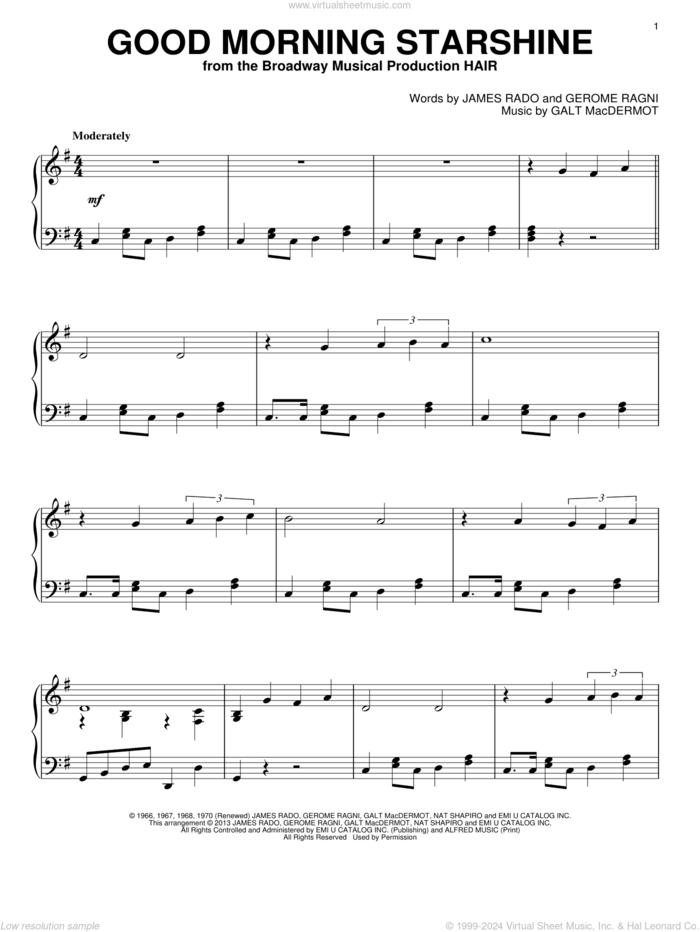 Good Morning Starshine, (intermediate) sheet music for piano solo by James Rado and Gerome Ragni, intermediate skill level