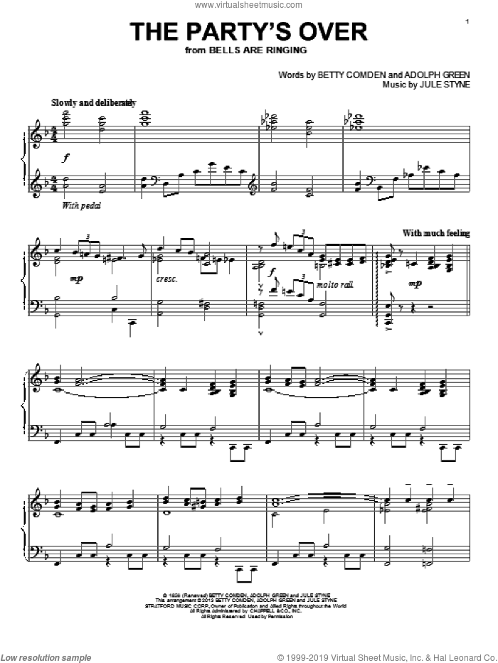 The Party's Over sheet music for piano solo by Jule Styne, intermediate skill level