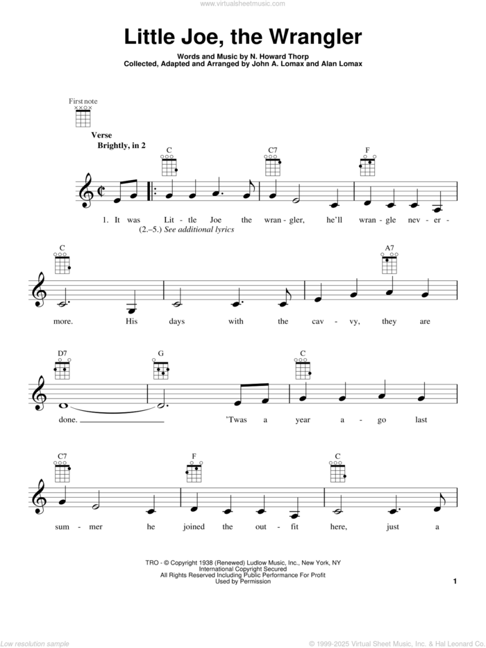 Little Joe, The Wrangler sheet music for ukulele by N. Howard Thorp and John A. Lomax, intermediate skill level