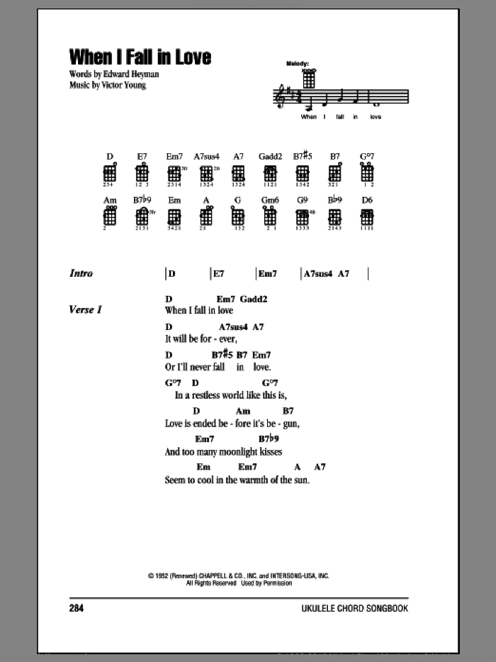 When I Fall In Love sheet music for ukulele (chords) by Carpenters and The Lettermen, intermediate skill level