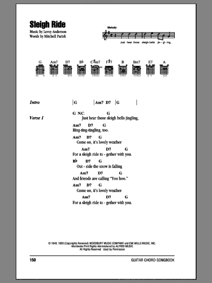 Sleigh Ride sheet music for guitar (chords) by Mitchell Parish and Leroy Anderson, intermediate skill level