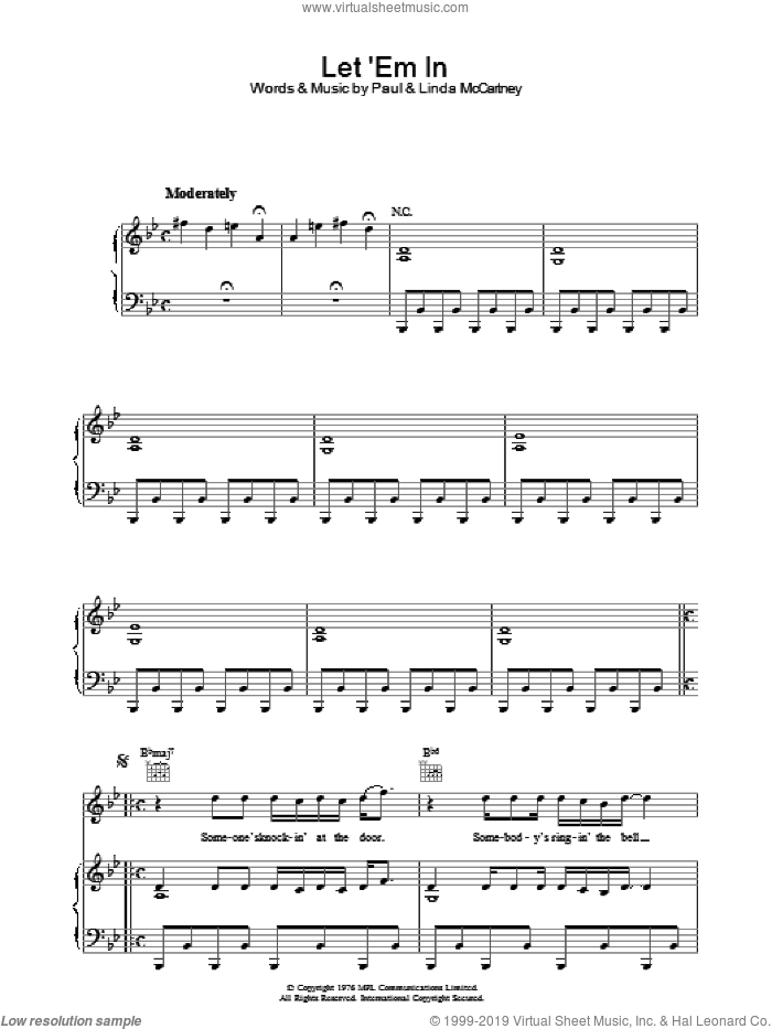 Let 'Em In sheet music for voice, piano or guitar by Linda McCartney, Paul McCartney and Paul McCartney and Wings, intermediate skill level