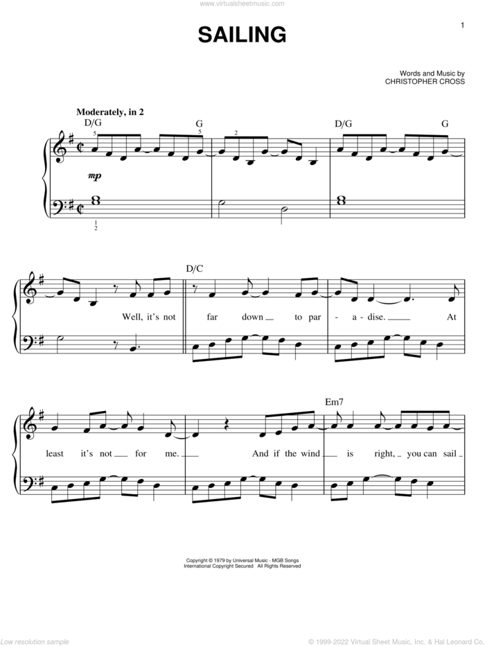 Sailing sheet music for piano solo by Christopher Cross, easy skill level