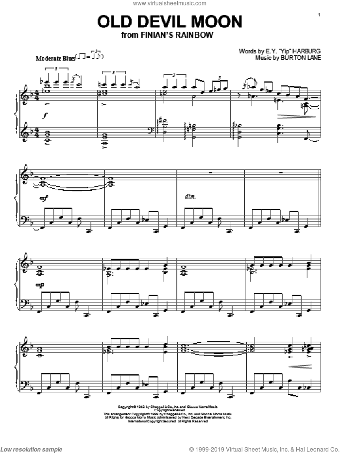 Old Devil Moon sheet music for piano solo by Frank Sinatra, Burton Lane and E.Y. Harburg, intermediate skill level