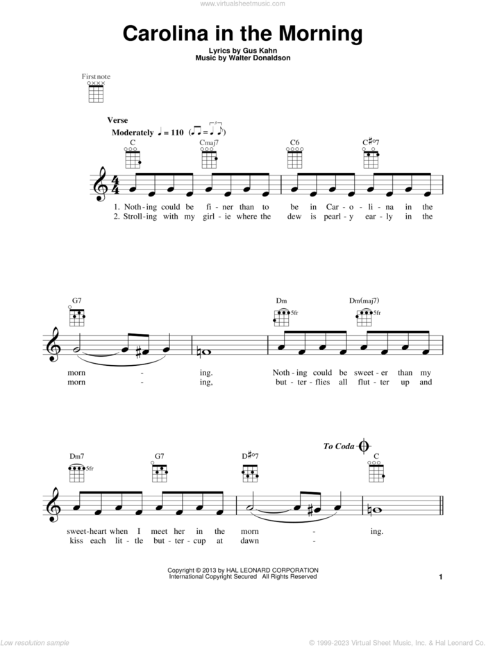 Carolina In The Morning sheet music for ukulele by Gus Kahn and Walter Donaldson, intermediate skill level
