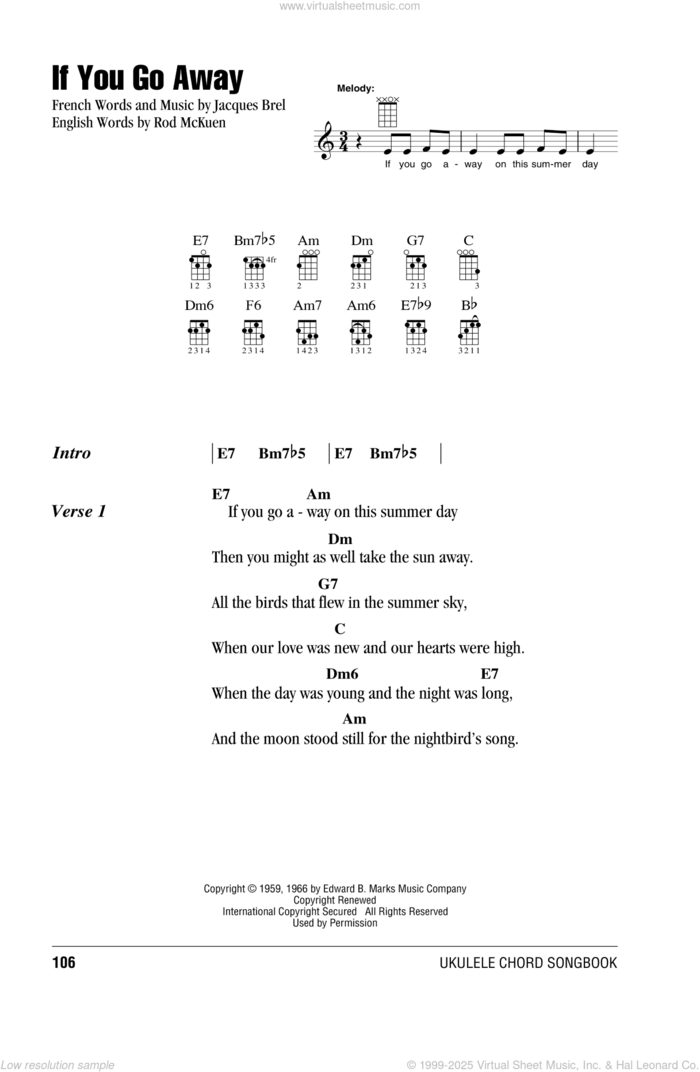 If You Go Away sheet music for ukulele (chords) by Jacques Brel and Rod McKuen, intermediate skill level