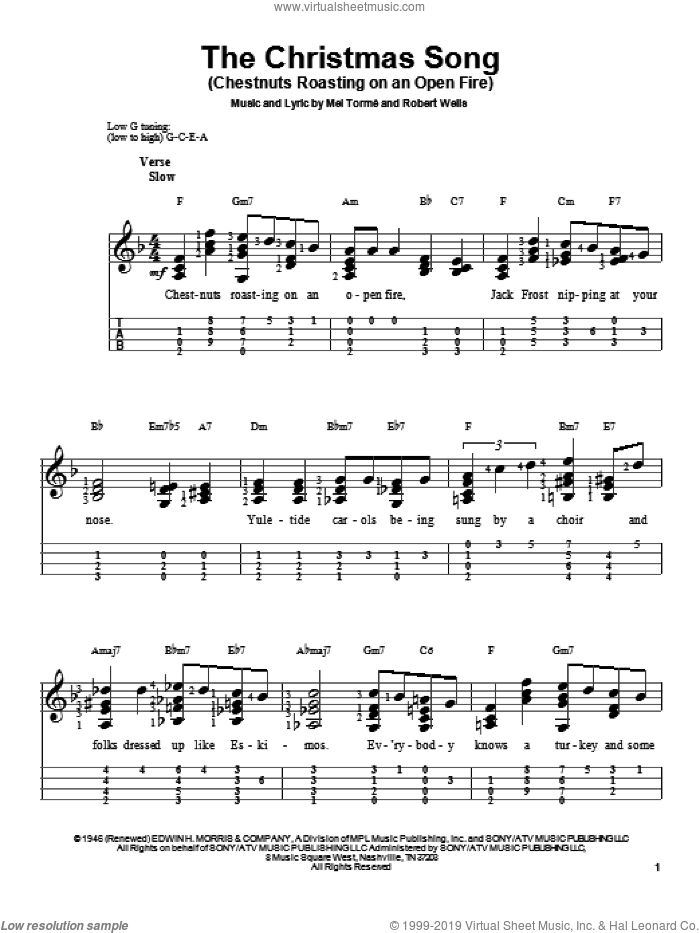 The Christmas Song (Chestnuts Roasting On An Open Fire) sheet music for ukulele (easy tablature) (ukulele easy tab) by Mel Torme, intermediate skill level