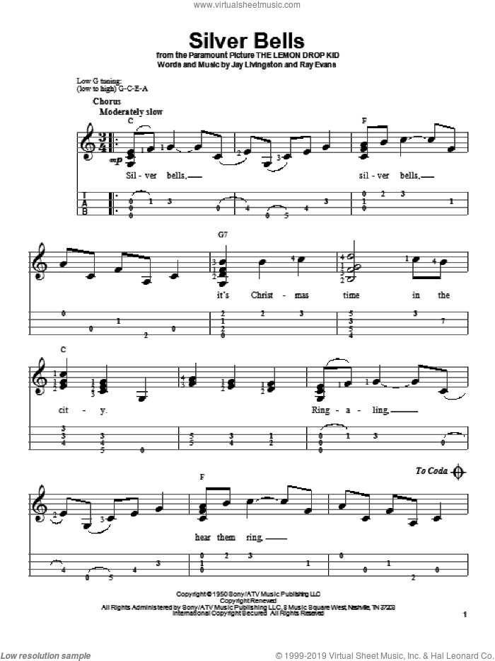 Silver Bells sheet music for ukulele (easy tablature) (ukulele easy tab) by Ray Evans and Jay Livingston, intermediate skill level