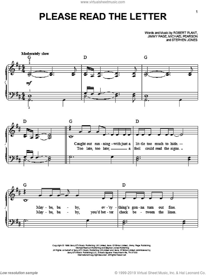 Please Read The Letter sheet music for piano solo by Robert Plant and Jimmy Page, easy skill level