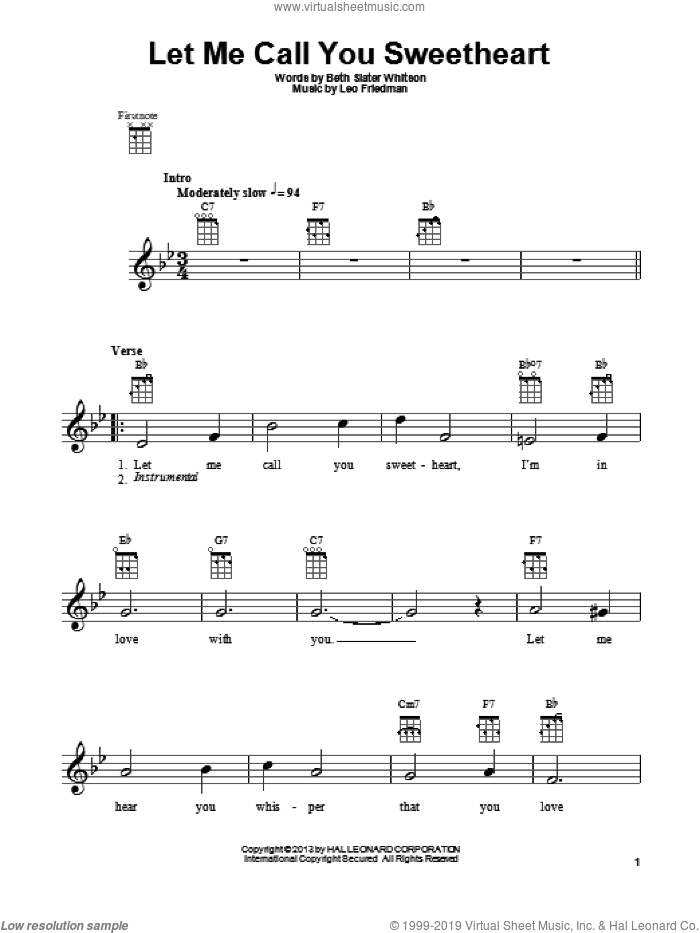 Let Me Call You Sweetheart sheet music for ukulele by Beth Slater Whitson and Leo Friedman, Beth Slater Whitson and Leo Friedman, intermediate skill level