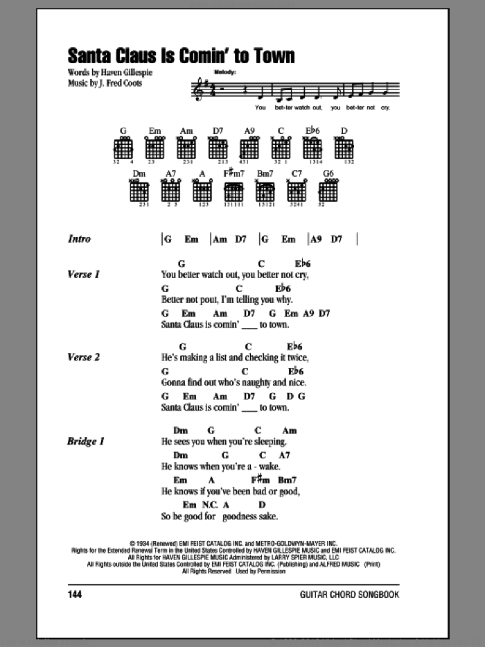 Santa Claus Is Comin' To Town sheet music for guitar (chords) by Haven Gillespie and J. Fred Coots, intermediate skill level