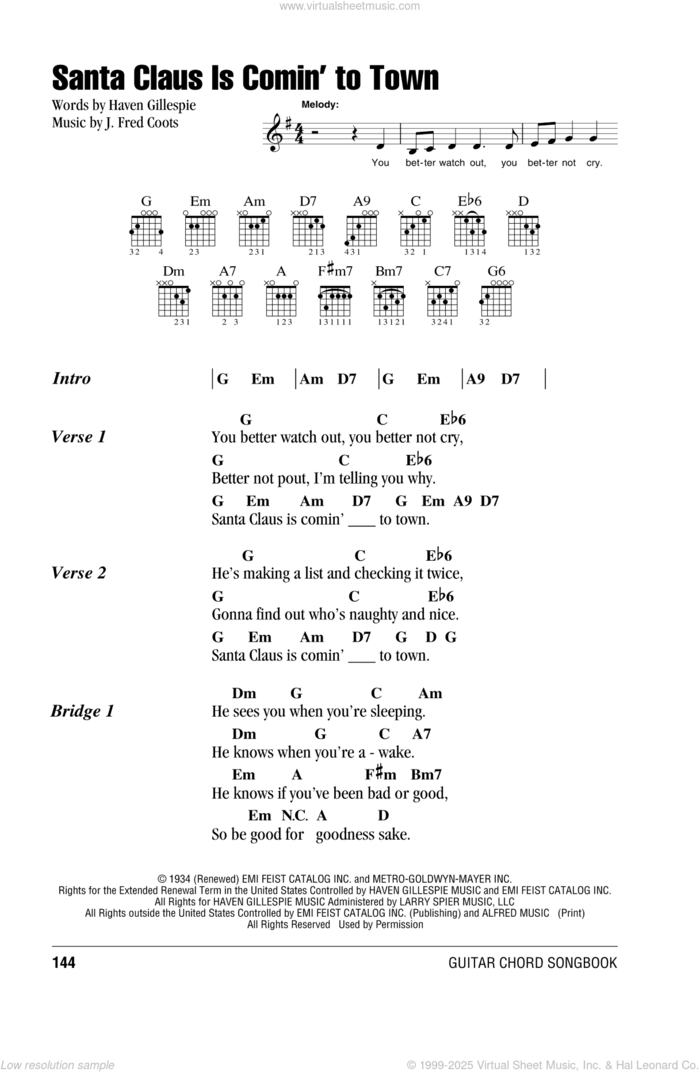 Santa Claus Is Comin' To Town sheet music for guitar (chords) by Haven Gillespie and J. Fred Coots, intermediate skill level