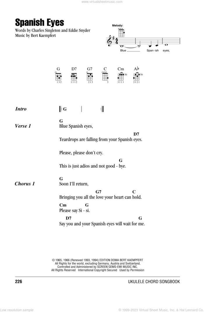 Spanish Eyes sheet music for ukulele (chords) by Elvis Presley, Bert Kaempfert, Al Martino, Charles Singleton and Eddie Snyder, intermediate skill level