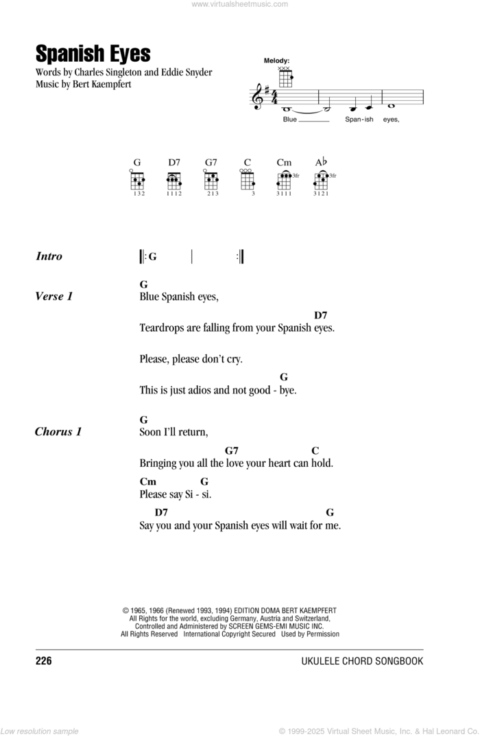 Spanish Eyes sheet music for ukulele (chords) by Elvis Presley, Bert Kaempfert, Al Martino, Charles Singleton and Eddie Snyder, intermediate skill level