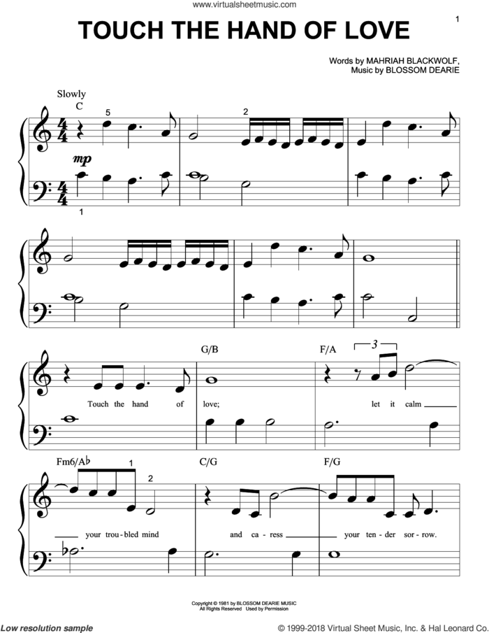 Touch The Hand Of Love sheet music for piano solo (big note book) by Blossom Dearie and Mahriah Blackwolf, easy piano (big note book)