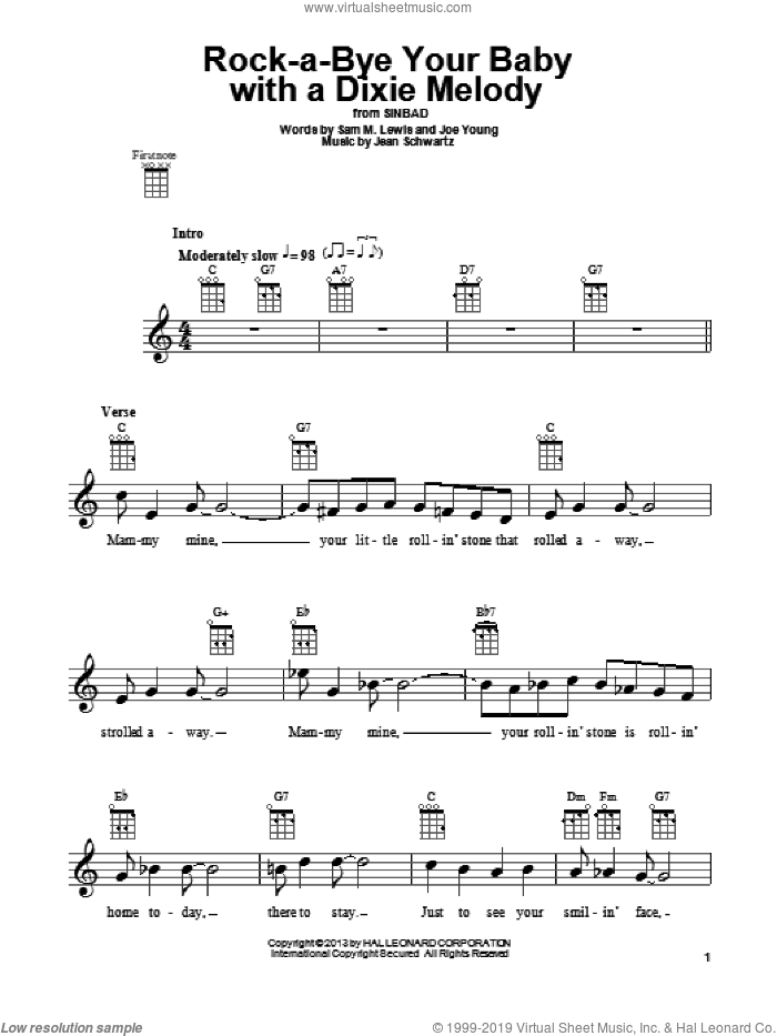 Rock-A-Bye Your Baby With A Dixie Melody sheet music for ukulele by Al Jolson, Jean Schwartz and Joe Young, intermediate skill level