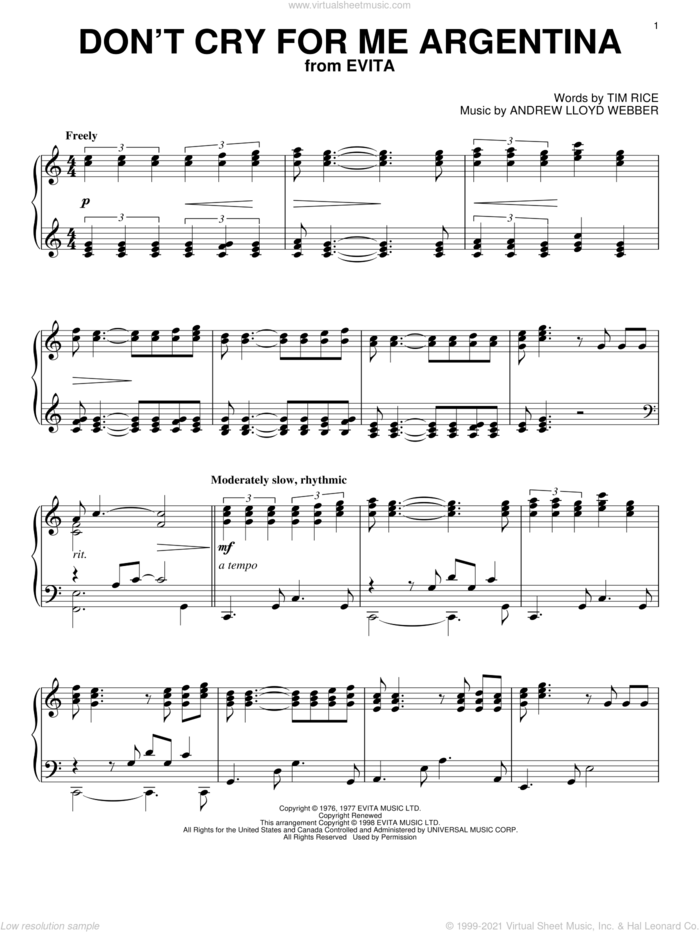 Don't Cry For Me Argentina sheet music for piano solo by Andrew Lloyd Webber, Madonna and Tim Rice, intermediate skill level