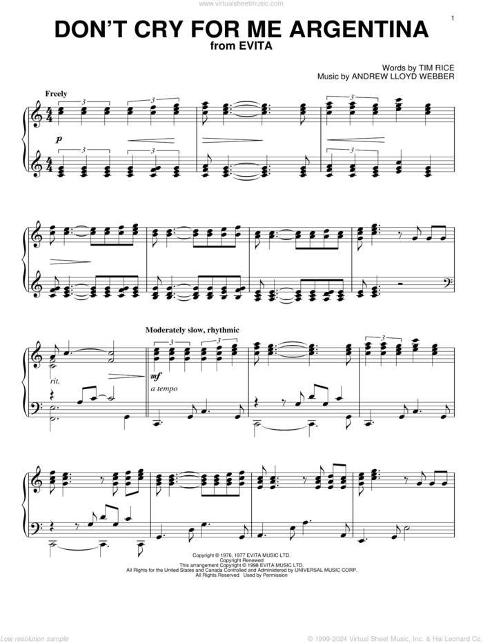 Don't Cry For Me Argentina sheet music for piano solo by Andrew Lloyd Webber, Madonna and Tim Rice, intermediate skill level