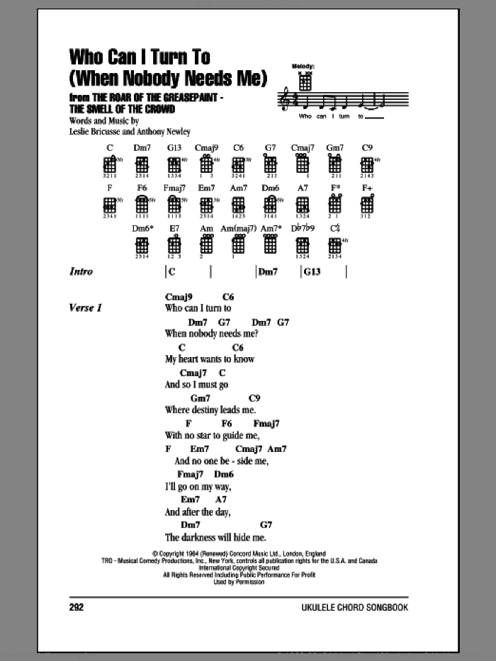 Who Can I Turn To (When Nobody Needs Me) sheet music for ukulele (chords) by Anthony Newley and Leslie Bricusse, intermediate skill level