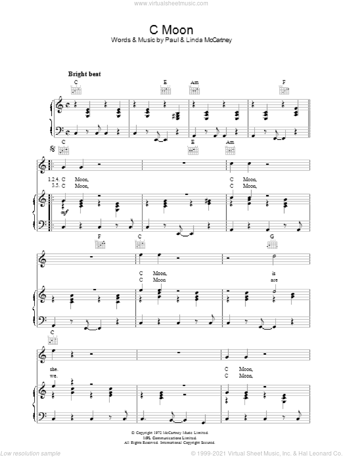 C Moon sheet music for voice, piano or guitar by Paul McCartney and Linda McCartney, intermediate skill level