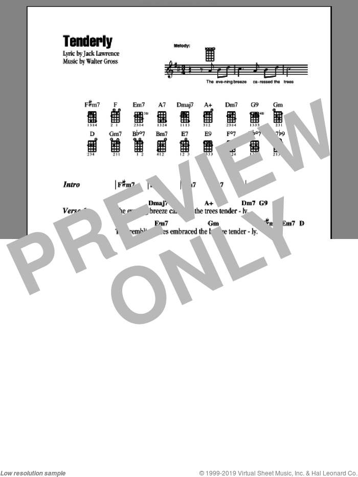 Tenderly sheet music for ukulele (chords) by Jack Lawrence and Walter Gross, intermediate skill level