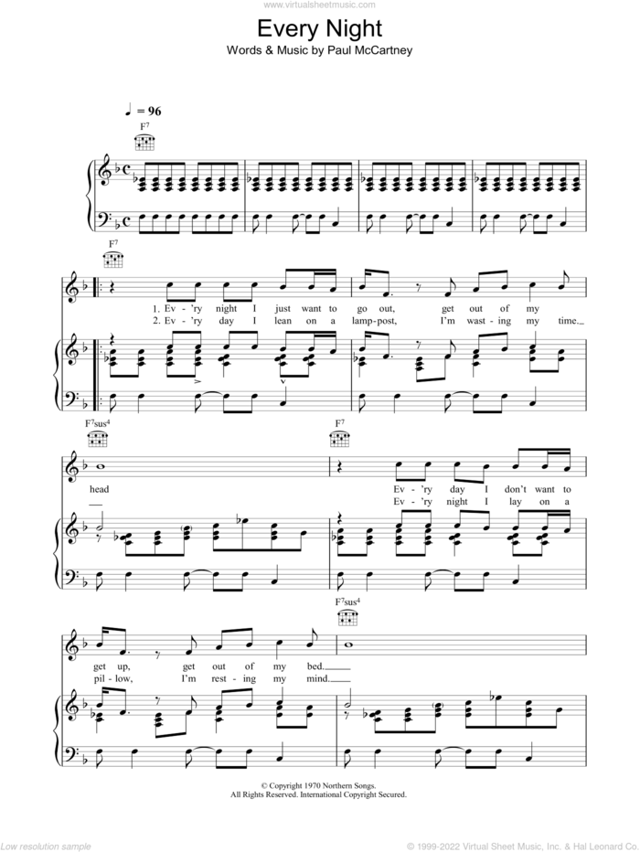 Every Night sheet music for voice, piano or guitar by Paul McCartney, intermediate skill level