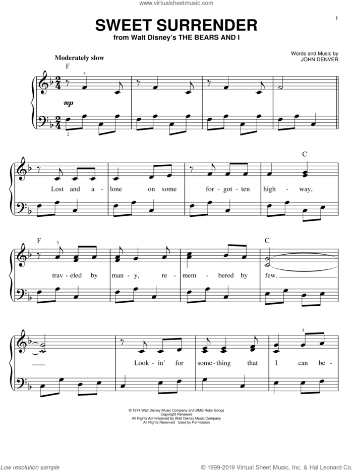 Sweet Surrender sheet music for piano solo by John Denver, easy skill level
