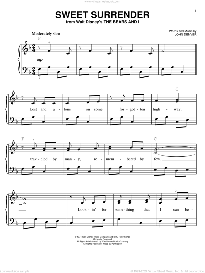 Sweet Surrender sheet music for piano solo by John Denver, easy skill level