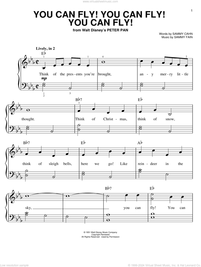 You Can Fly! You Can Fly! You Can Fly! (from Peter Pan), (easy) sheet music for piano solo by Sammy Cahn and Sammy Fain, easy skill level