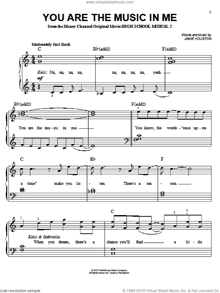 You Are The Music In Me (from High School Musical 2) sheet music for piano solo by Zac Efron and Vanessa Anne Hudgens and Jamie Houston, easy skill level