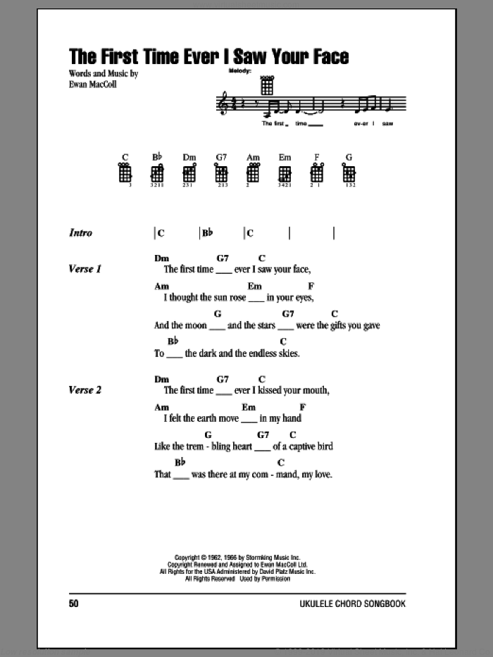 The First Time Ever I Saw Your Face sheet music for ukulele (chords) by Roberta Flack and Ewan MacColl, intermediate skill level