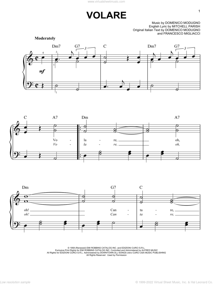 Volare sheet music for piano solo by Domenico Modugno and Dean Martin, easy skill level