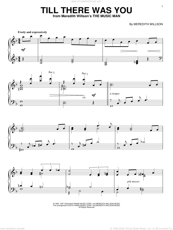 Till There Was You, (intermediate) sheet music for piano solo by Meredith Willson and The Beatles, wedding score, intermediate skill level