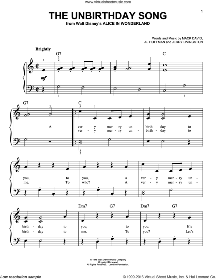 The Unbirthday Song (from Alice In Wonderland) sheet music for piano solo by Mack David, Mack David, Al Hoffman and Jerry Livingston, Al Hoffman and Jerry Livingston, easy skill level